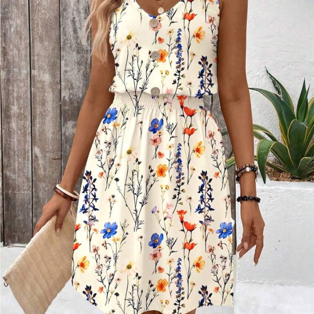 NWOT Floral Sleeveless Dress - Cream with Multicolor Accents